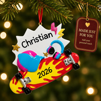 Skateboard christmas ornament hanging on a lit Christmas tree with a Made Just For You gift tag