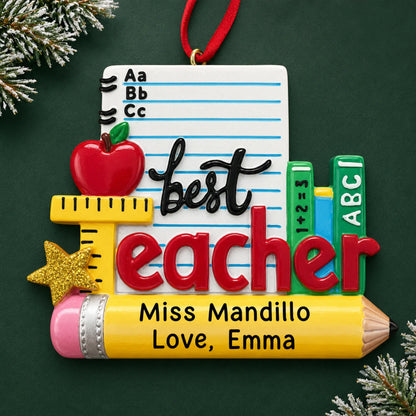 Personalized best teacher stationery Christmas ornament with name and year, shown on a green holiday background