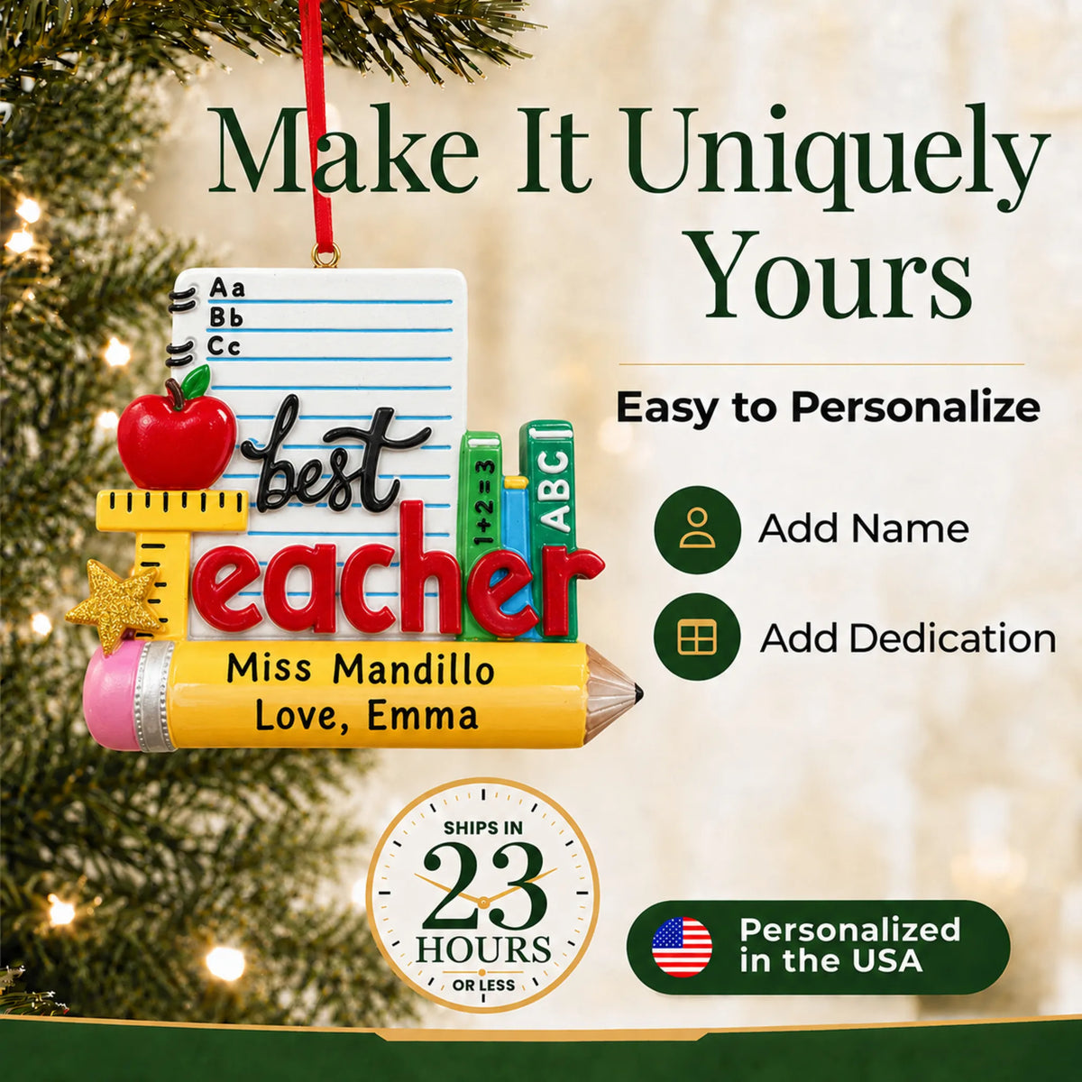 Personalize the best teacher stationery Christmas ornament with your details, ships in 23 hours, personalized in the USA