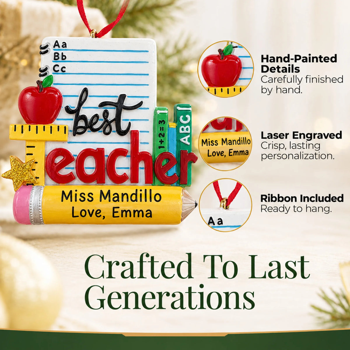 Close-up of the best teacher stationery Christmas ornament: hand-painted finish, laser engraving, ribbon included