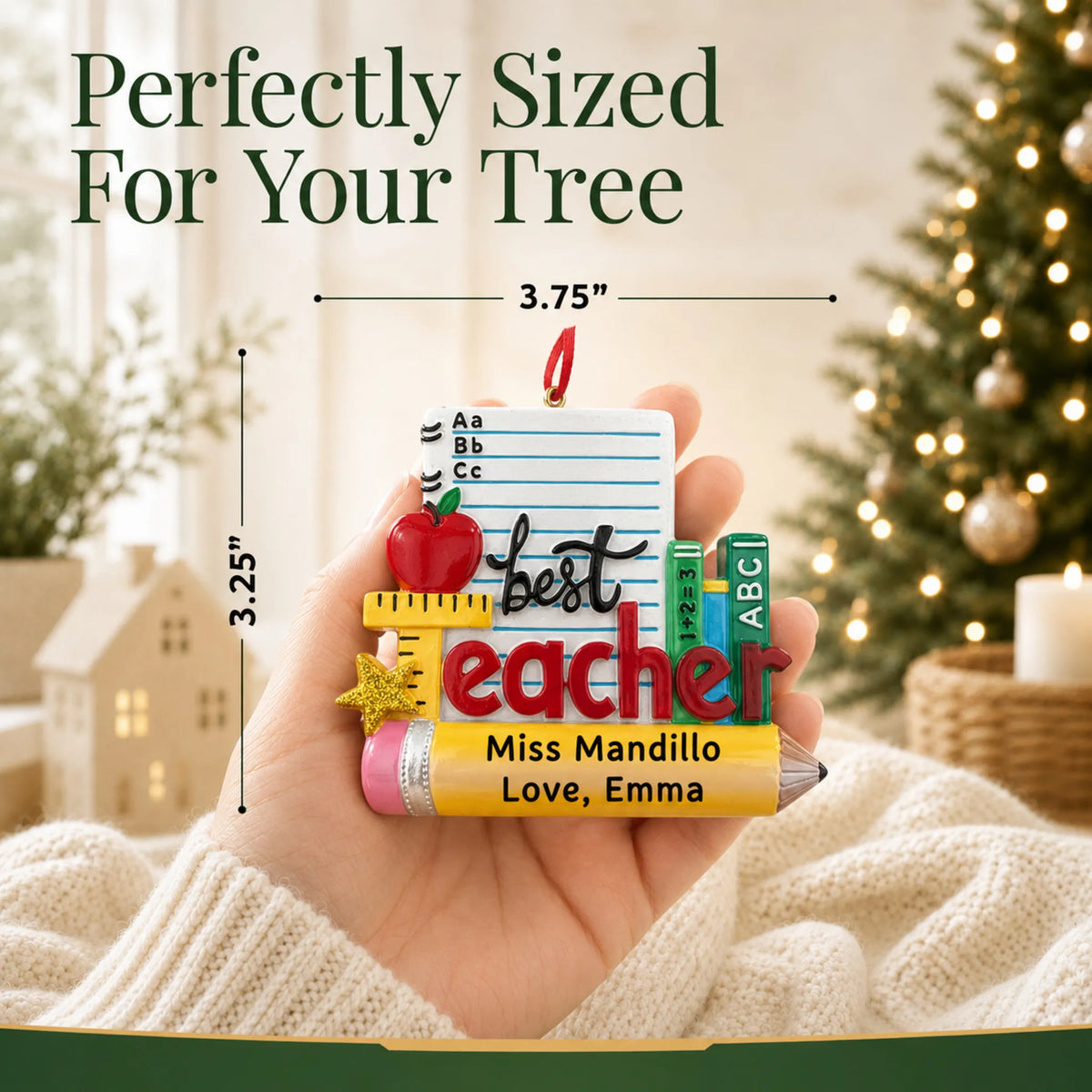 Personalized best teacher stationery Christmas ornament held in hand to show its size on the tree