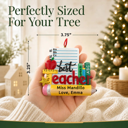 Personalized best teacher stationery Christmas ornament held in hand to show its size on the tree