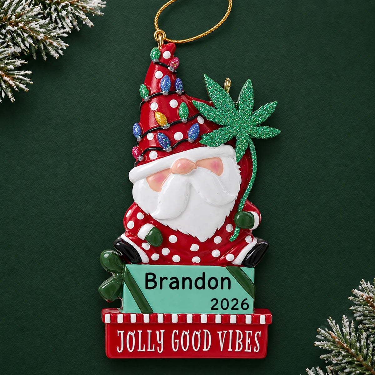 Personalized cannabis santa gnome christmas ornament on a dark green pine background