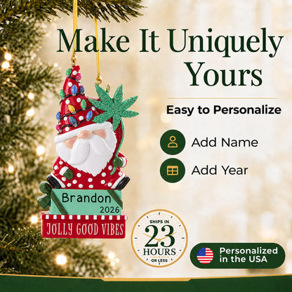 Make it yours: add name and year to the personalized cannabis santa gnome christmas ornament