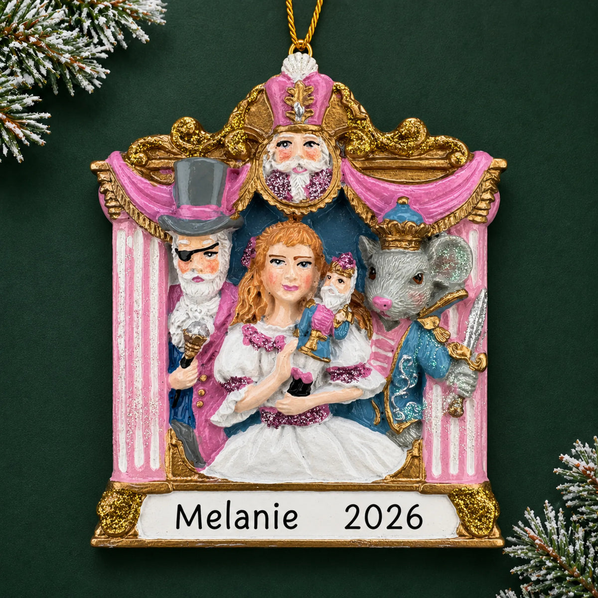 Personalized Nutcracker Suite christmas ornament on a dark green pine background