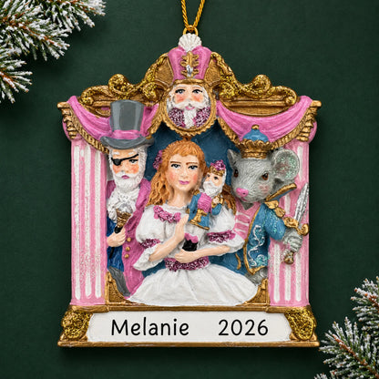 Personalized Nutcracker Suite christmas ornament on a dark green pine background