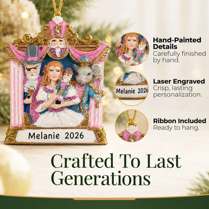 Hand-painted details and laser engraved personalization on the Nutcracker Suite christmas ornament, ribbon included