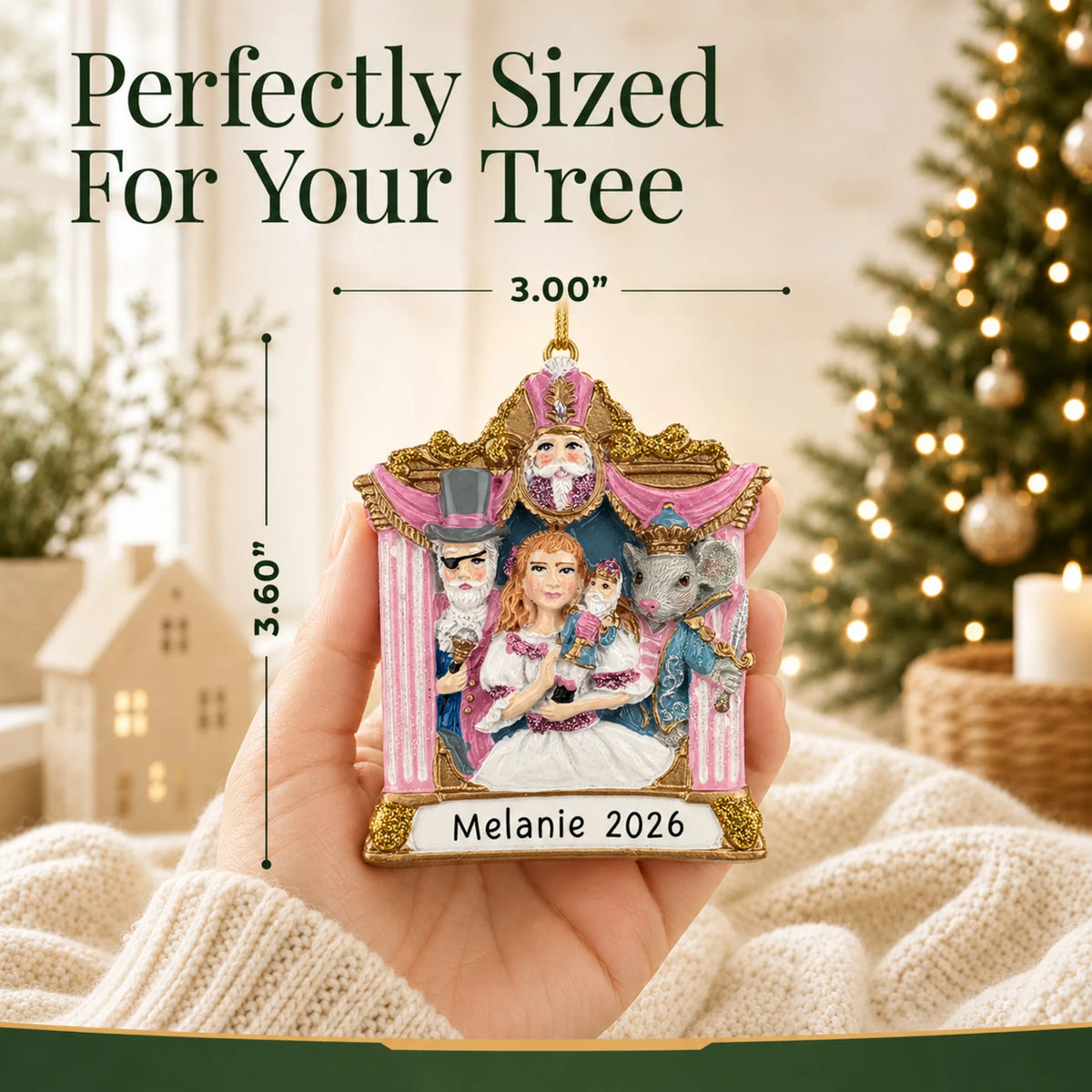 Size guide: the personalized Nutcracker Suite christmas ornament is 3.00 in wide by 3.60 in tall, shown in hand