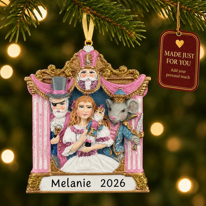 Nutcracker Suite christmas ornament hanging on a lit Christmas tree with a Made Just For You gift tag