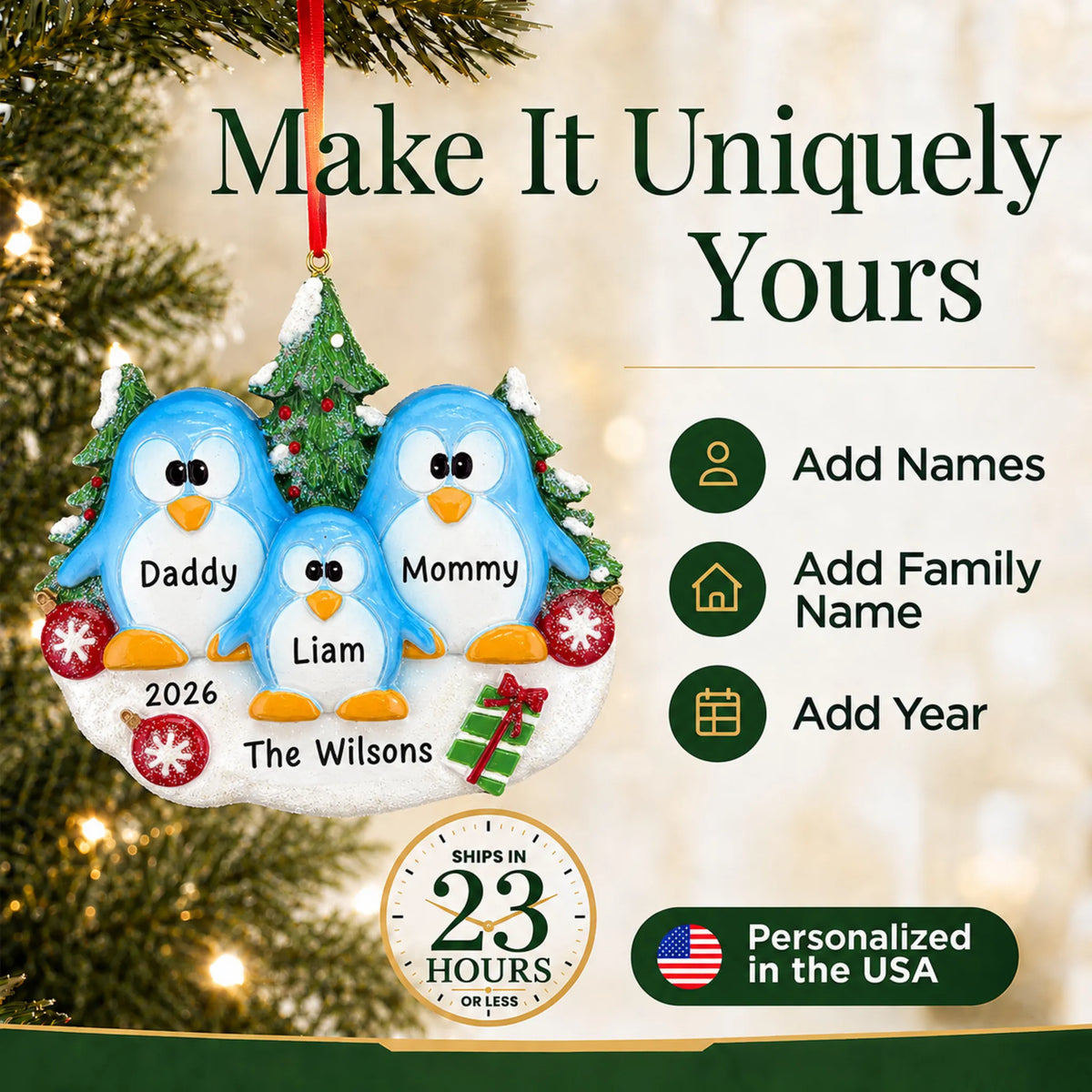 Make it yours: add names and year to the personalized penguin family of 3 christmas ornament