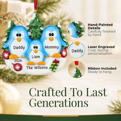 Hand-painted details and laser engraved personalization on the penguin family of 3 christmas ornament, ribbon included