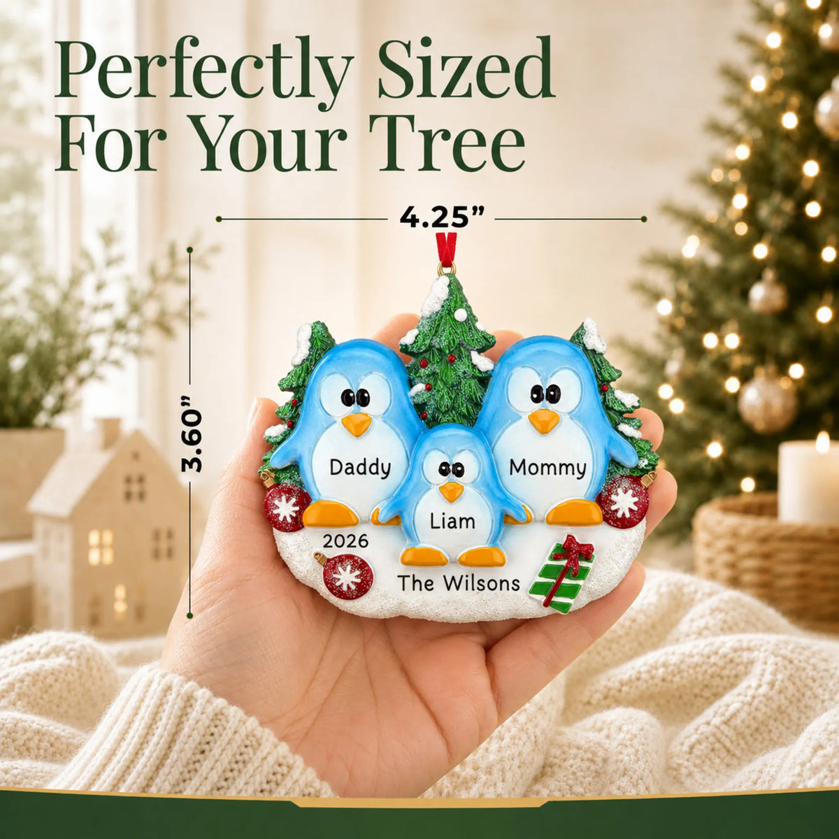Size guide: the personalized penguin family of 3 christmas ornament is 4.25 in wide by 3.60 in tall, shown in hand