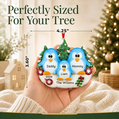 Size guide: the personalized penguin family of 3 christmas ornament is 4.25 in wide by 3.60 in tall, shown in hand