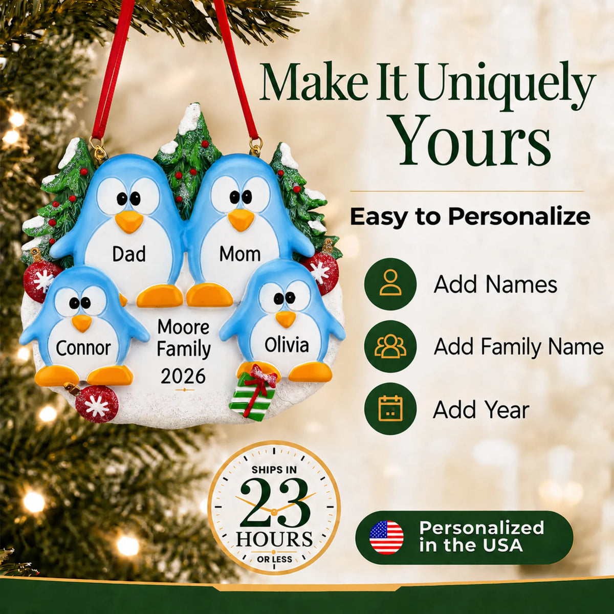 Make it yours: add names and year to the personalized penguin family of 4 christmas ornament