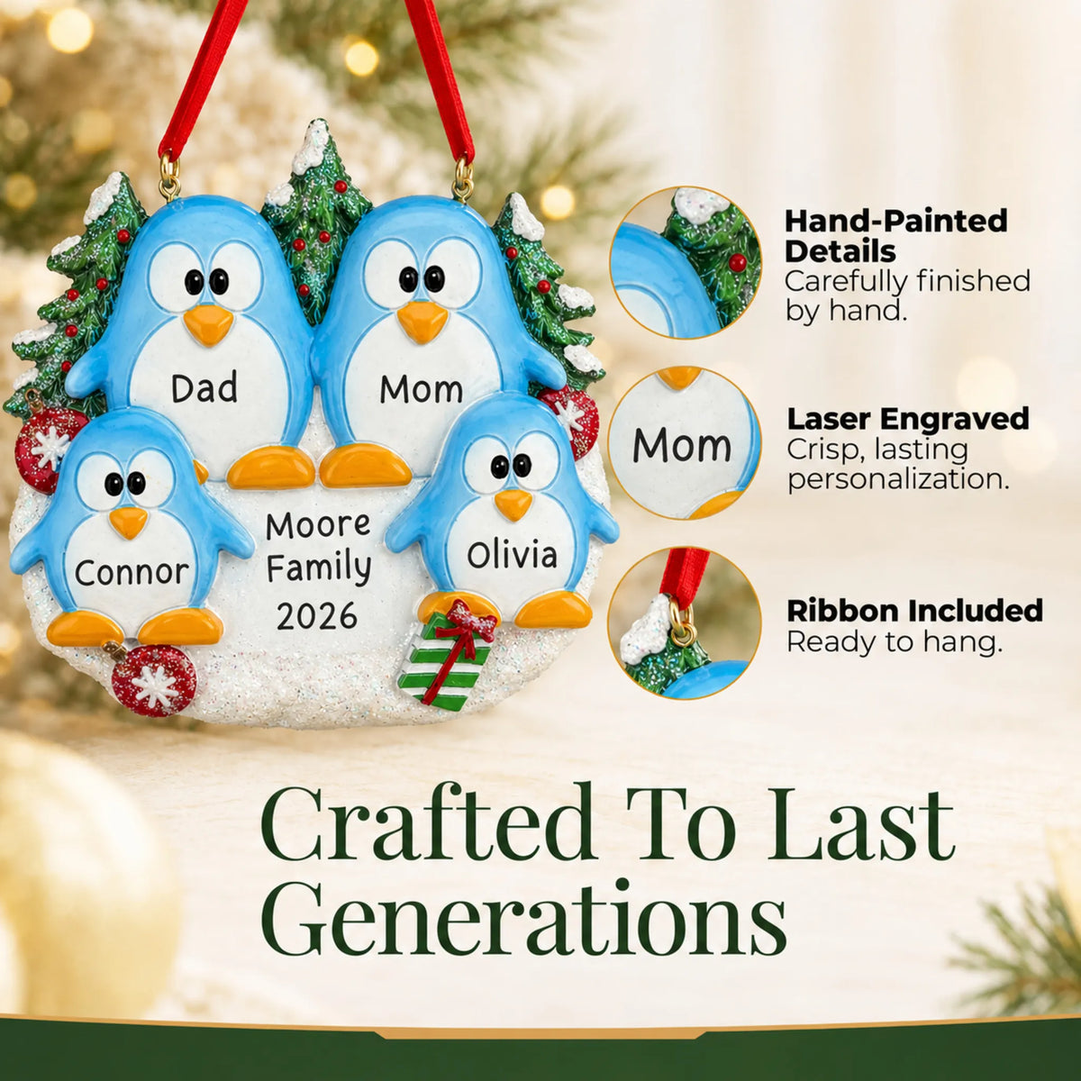 Hand-painted details and laser engraved personalization on the penguin family of 4 christmas ornament, ribbon included