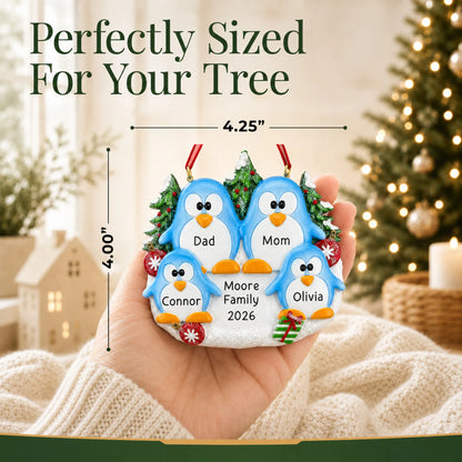 Size guide: the personalized penguin family of 4 christmas ornament is 4.25 in wide by 4.00 in tall, shown in hand
