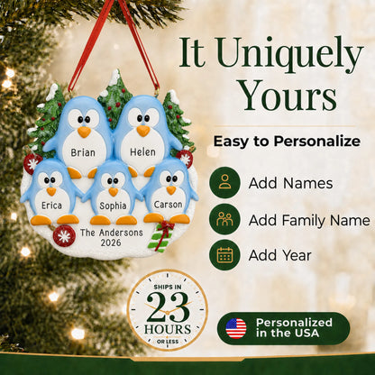 Make it yours: add names and year to the personalized penguin family of 5 christmas ornament