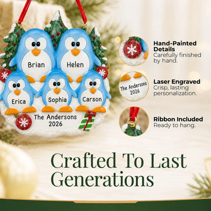 Hand-painted details and laser engraved personalization on the penguin family of 5 christmas ornament, ribbon included
