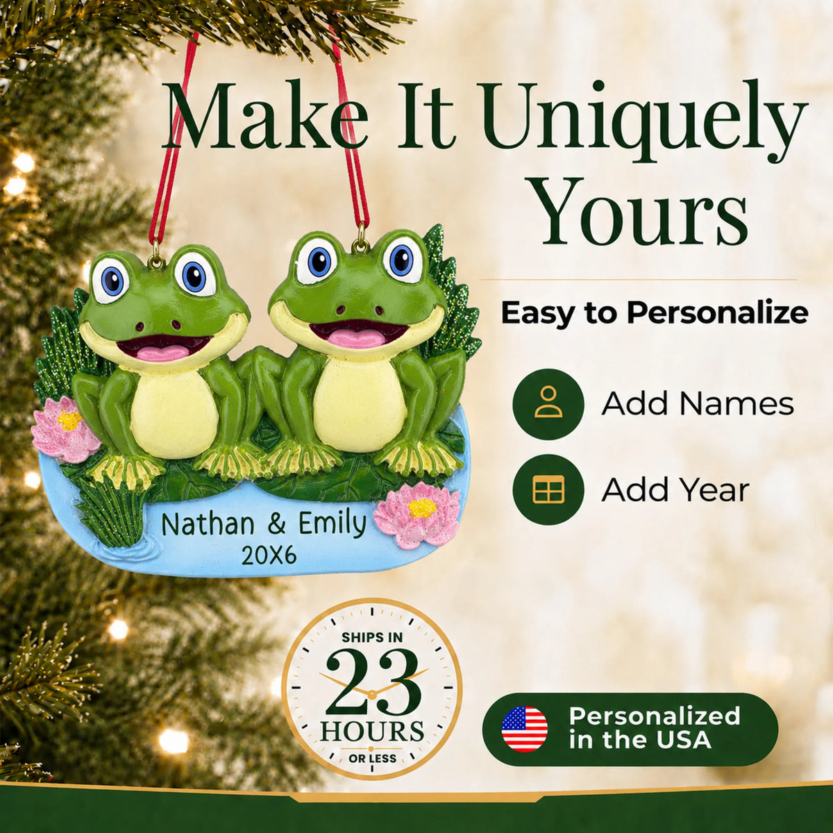 Make it yours: add names to the personalized frog pond couple christmas ornament