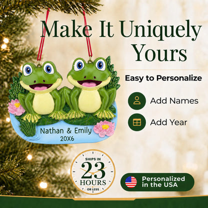 Make it yours: add names to the personalized frog pond couple christmas ornament