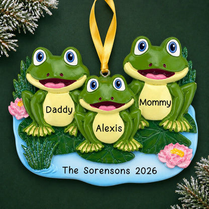 Personalized frog family of 3 christmas ornament on a dark green pine background