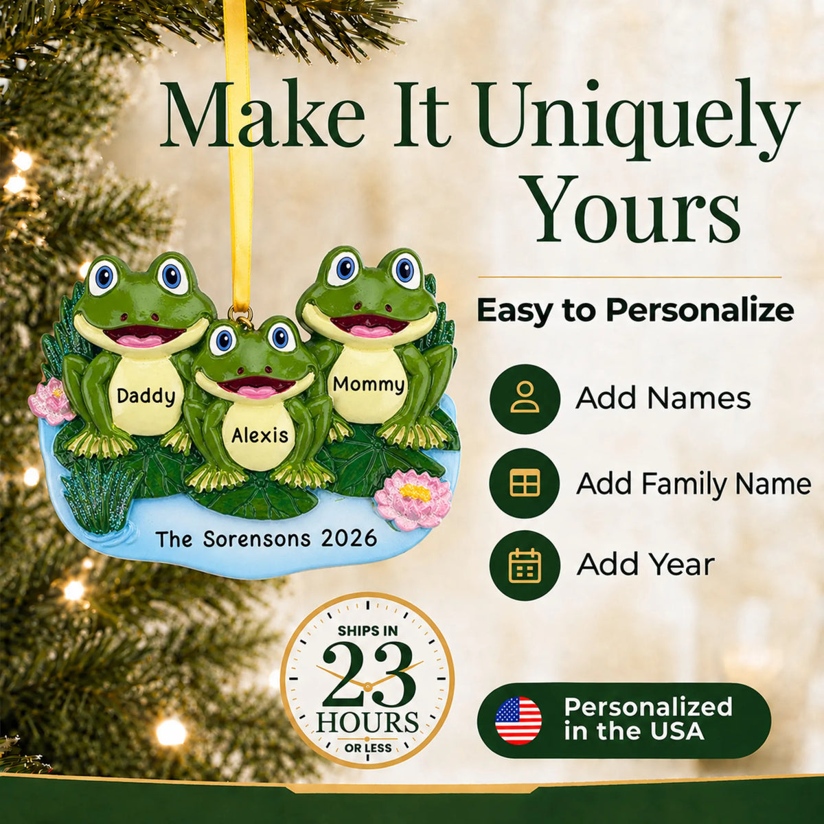 Make it yours: add names and year to the personalized frog family of 3 christmas ornament