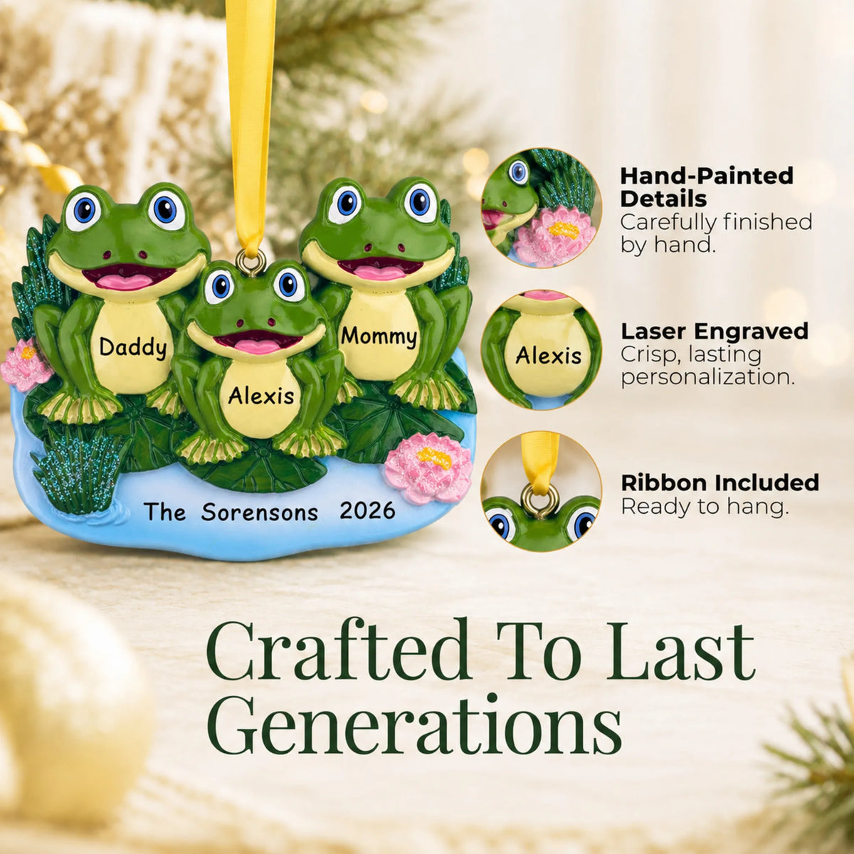 Hand-painted details and laser engraved personalization on the frog family of 3 christmas ornament, ribbon included