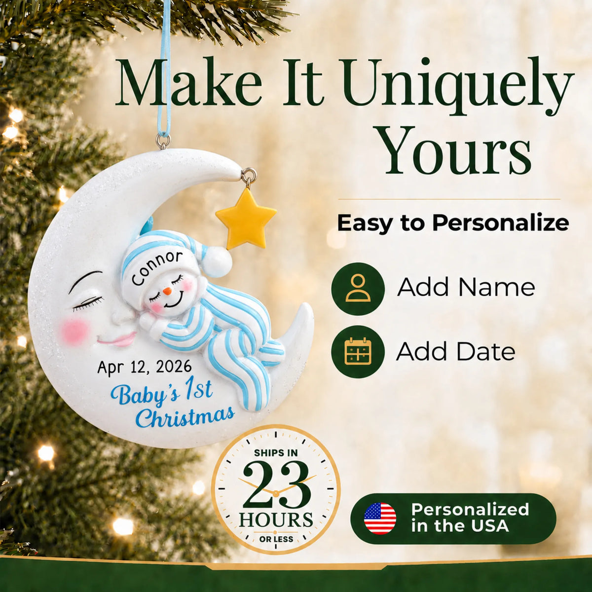 Make it yours: add name and date to the personalized blue snowman baby's 1st christmas ornament