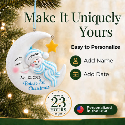Make it yours: add name and date to the personalized blue snowman baby's 1st christmas ornament