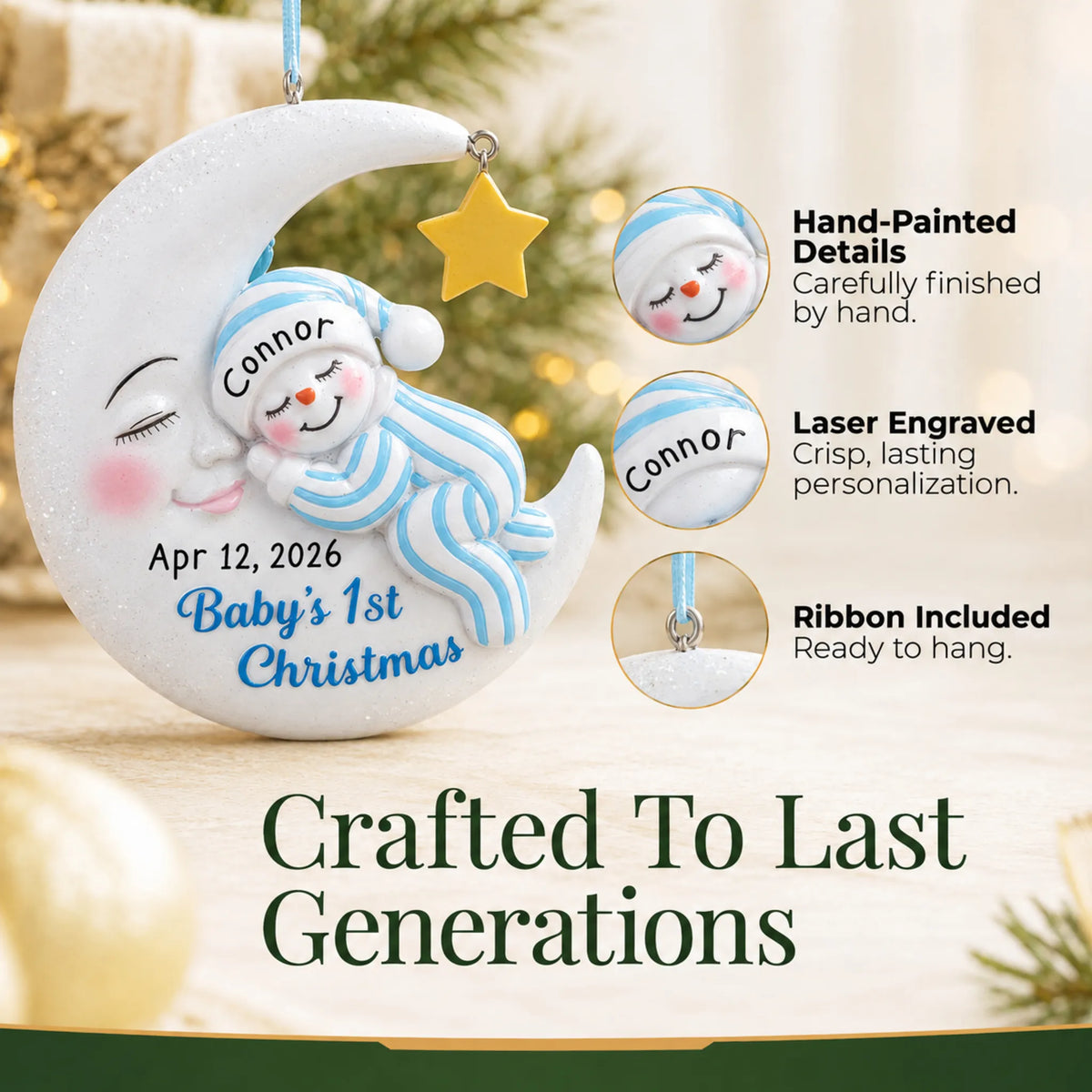 Hand-painted details and laser engraved personalization on the blue snowman baby's 1st christmas ornament, ribbon included