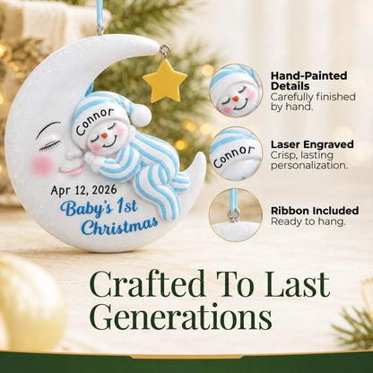Hand-painted details and laser engraved personalization on the blue snowman baby's 1st christmas ornament, ribbon included