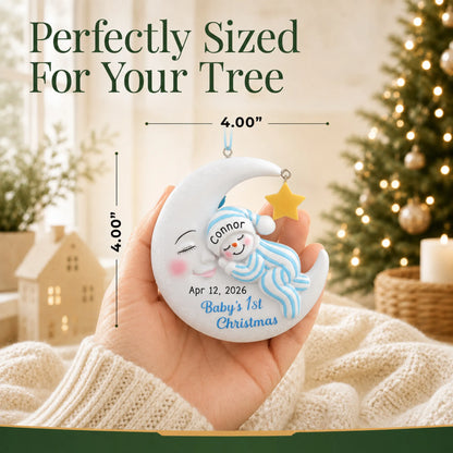 Size guide: the personalized blue snowman baby's 1st christmas ornament is 4.00 in wide by 4.00 in tall, shown in hand
