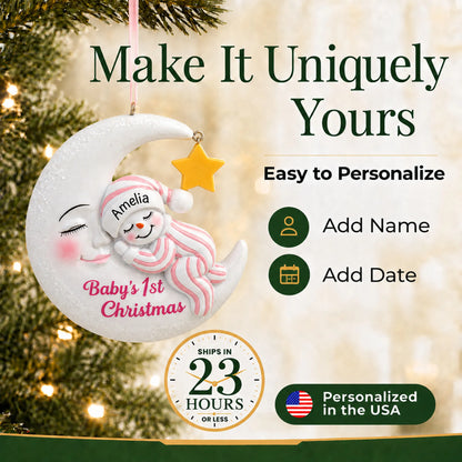 Make it yours: add name and date to the personalized pink snowman baby's 1st christmas ornament