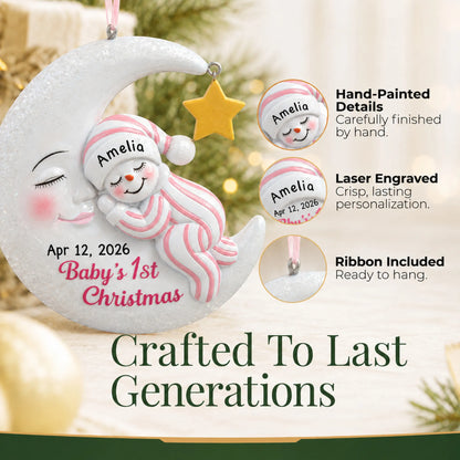 Hand-painted details and laser engraved personalization on the pink snowman baby's 1st christmas ornament, ribbon included