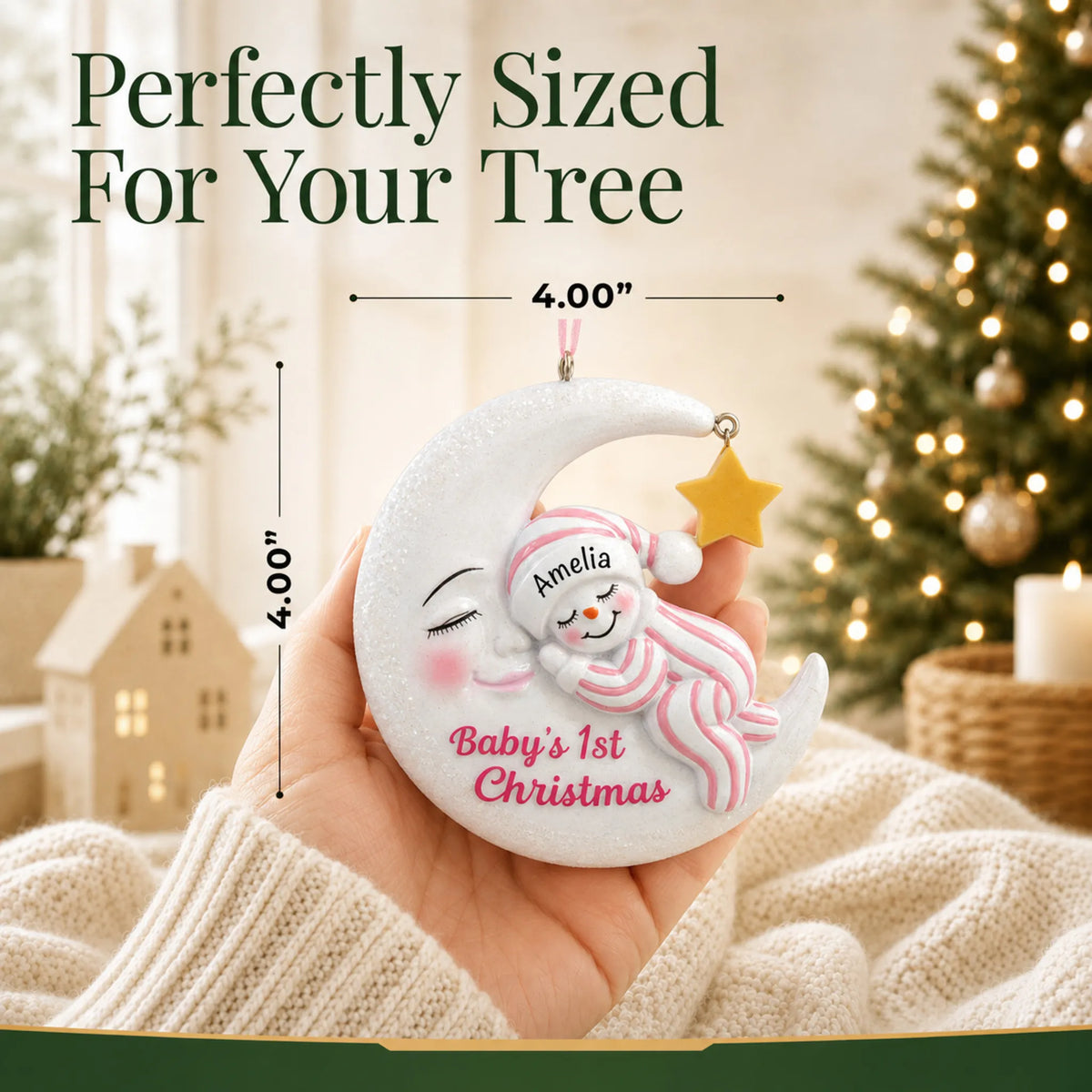 Size guide: the personalized pink snowman baby's 1st christmas ornament is 4.00 in wide by 4.00 in tall, shown in hand