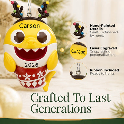 Personalized Baby Shark Christmas ornament details: hand-painted finish, crisp laser engraving, and ribbon included to hang