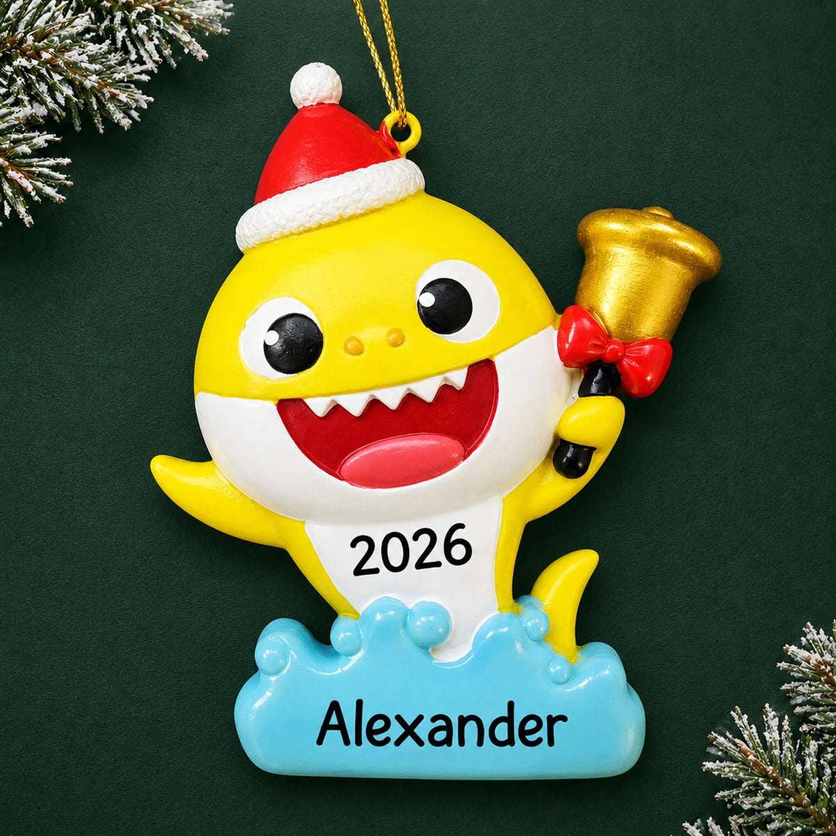 Personalized Baby Shark Santa Hat christmas ornament on a dark green pine background