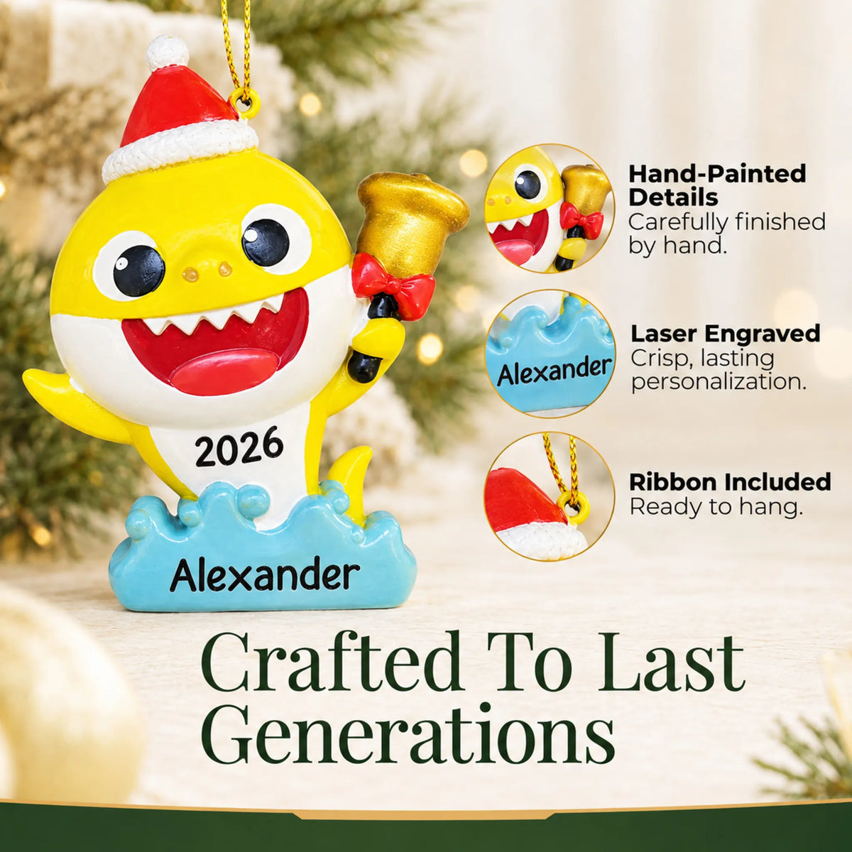 Hand-painted details and laser engraved personalization on the Baby Shark Santa Hat christmas ornament, ribbon included