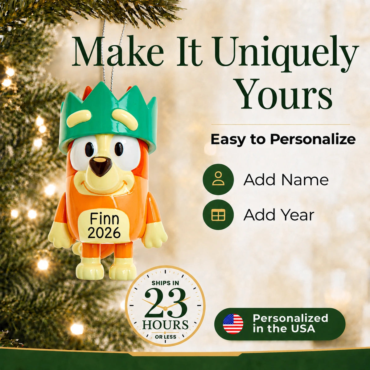 Personalized Bingo with crown Christmas ornament: add a name and year, ships in 23 hours, personalized in the USA