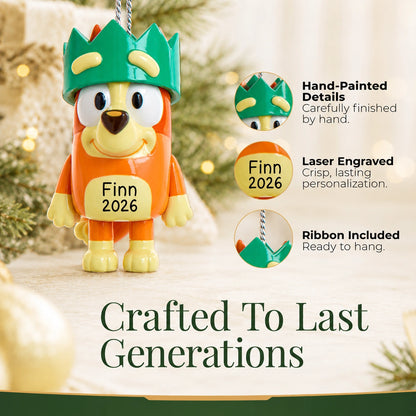 Personalized Bingo with crown Christmas ornament details: hand-painted finish, laser engraving, ribbon included
