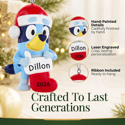 Hand-painted details and laser engraved personalization on the Bluey Stocking christmas ornament, ribbon included