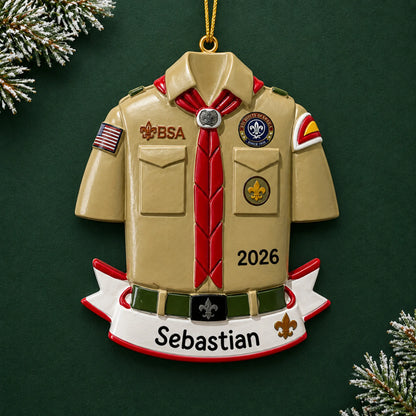 Personalized Boy Scouts banner christmas ornament on a dark green pine background