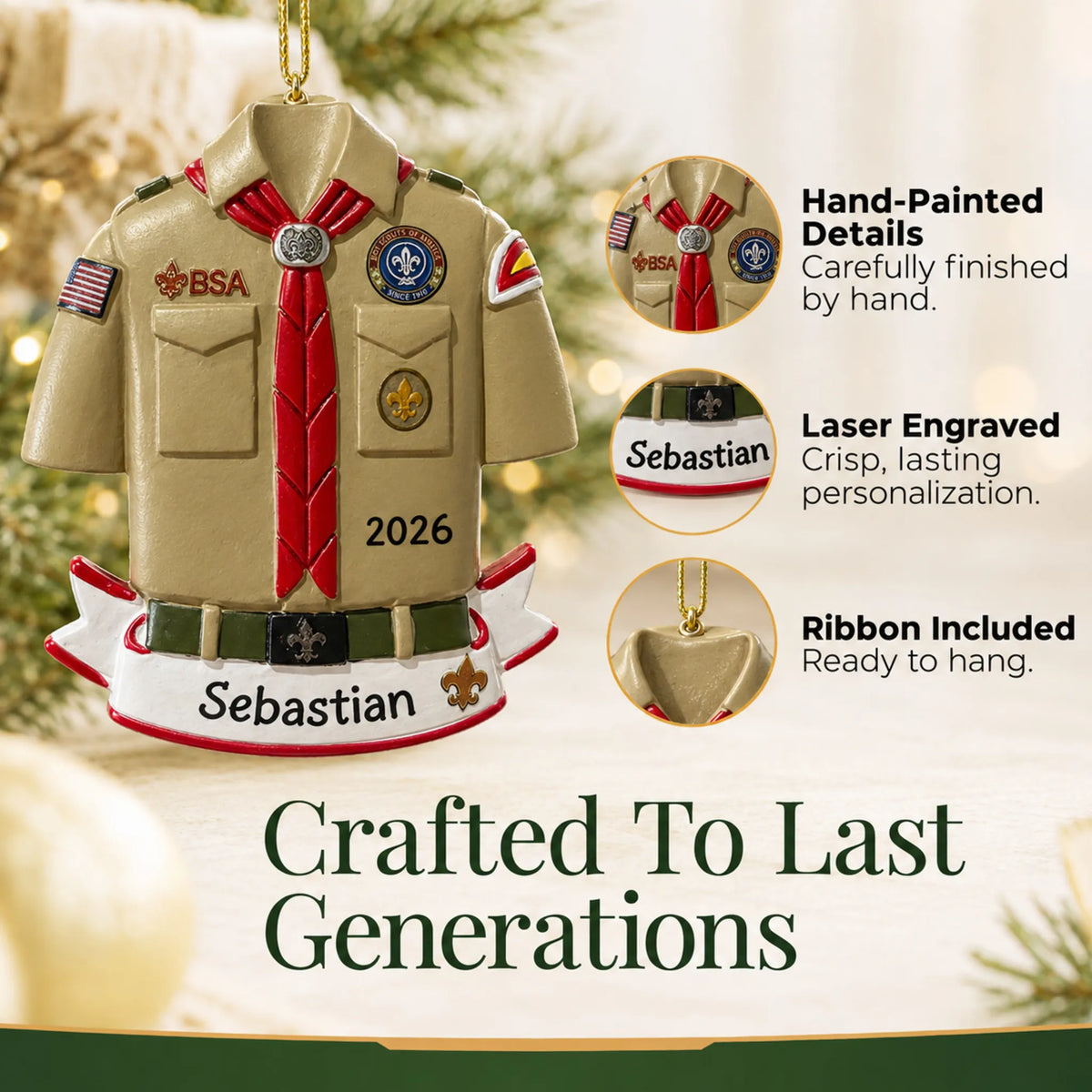 Hand-painted details and laser engraved personalization on the Boy Scouts banner christmas ornament, ribbon included