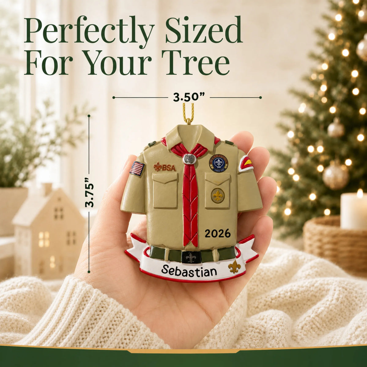 Size guide: the personalized Boy Scouts banner christmas ornament is 2.50 in wide by 4.25 in tall, shown in hand
