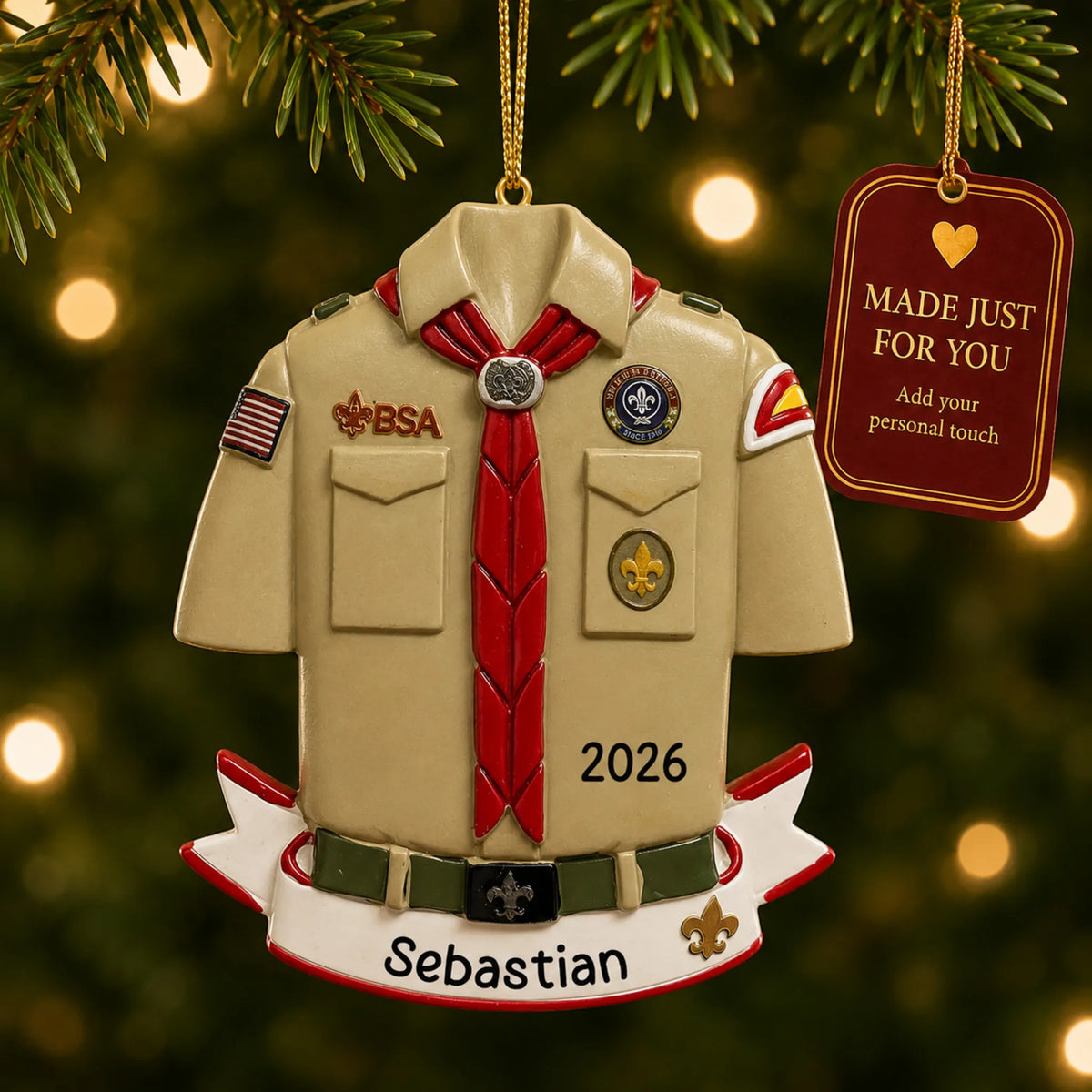 Boy Scouts banner christmas ornament hanging on a lit Christmas tree with a Made Just For You gift tag
