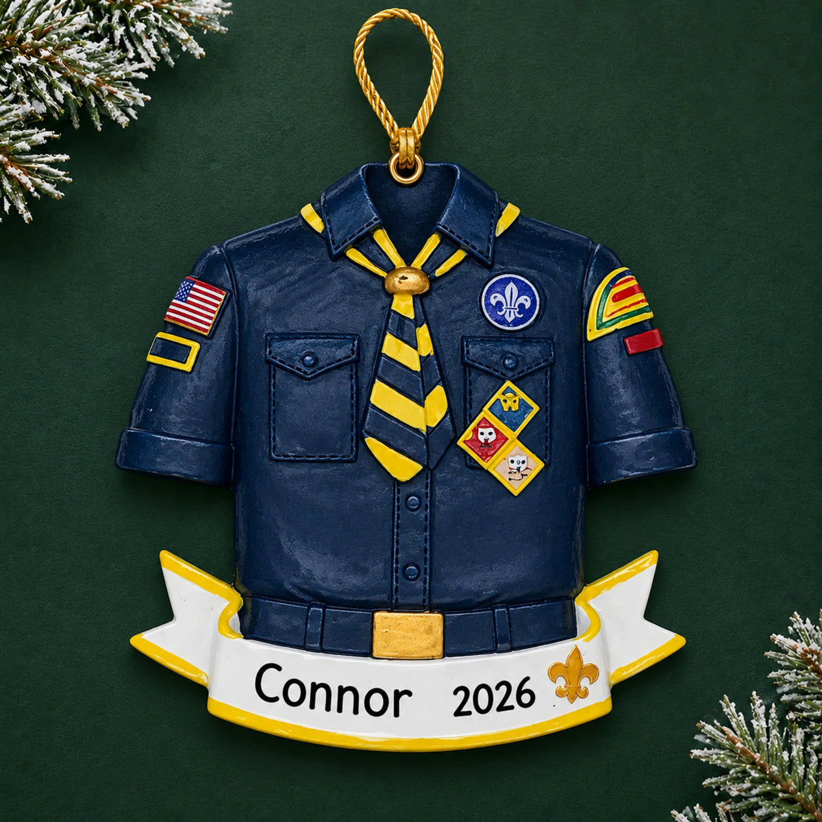 Personalized Cub Scout Boy Scouts christmas ornament on a dark green pine background