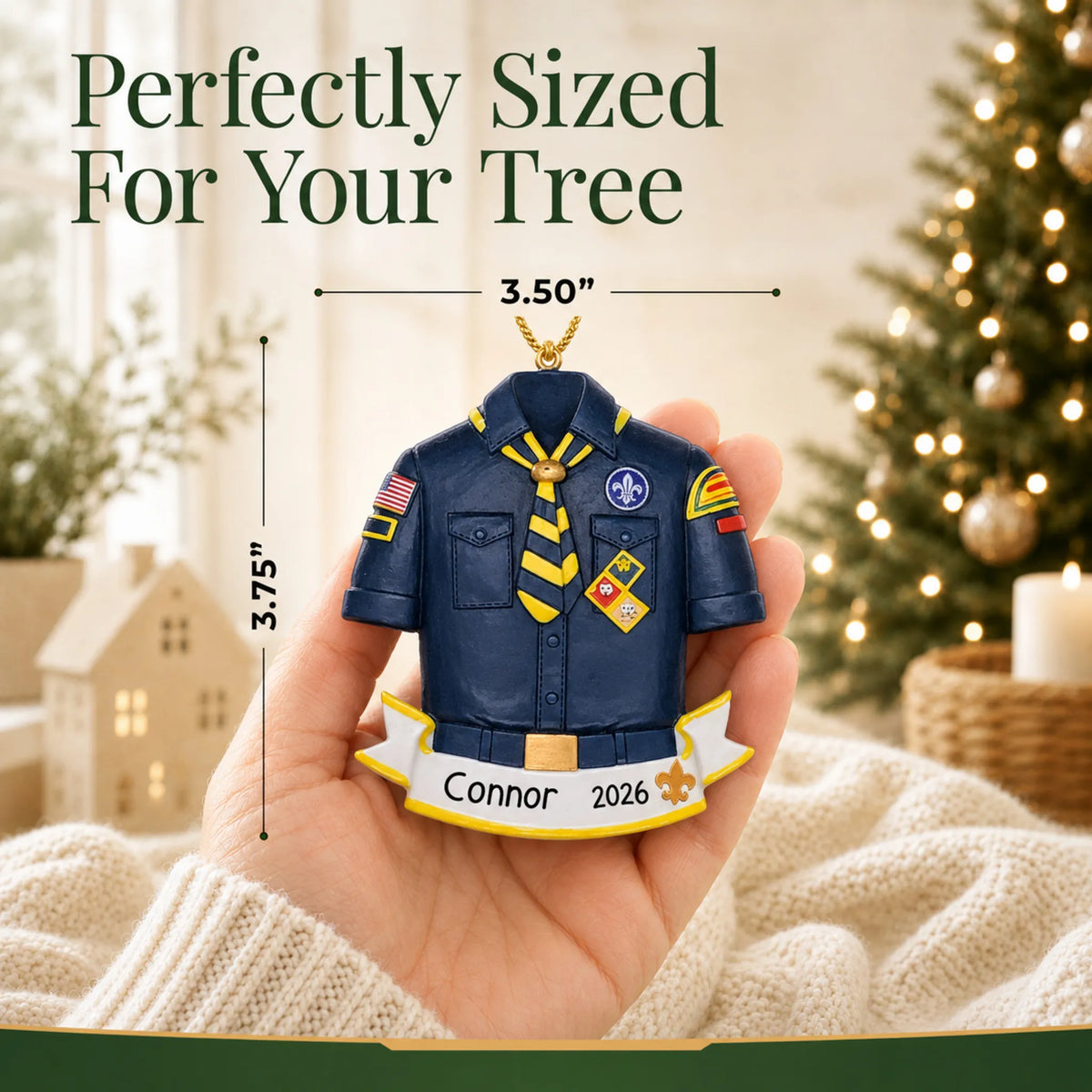 Size guide: the personalized Cub Scout Boy Scouts christmas ornament is 3.50 in wide by 3.75 in tall, shown in hand