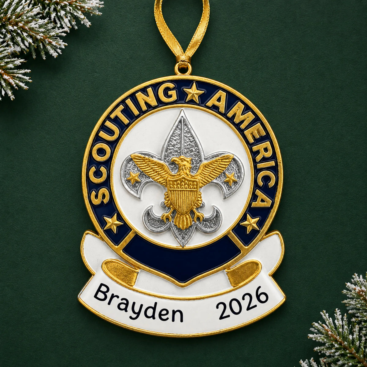 Personalized Scouting America christmas ornament on a dark green pine background