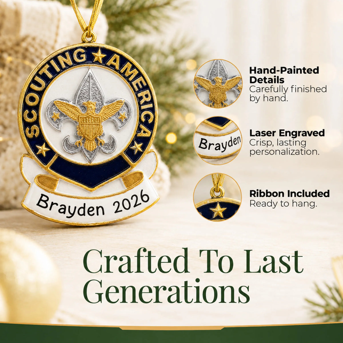 Hand-painted details and laser engraved personalization on the Scouting America christmas ornament, ribbon included