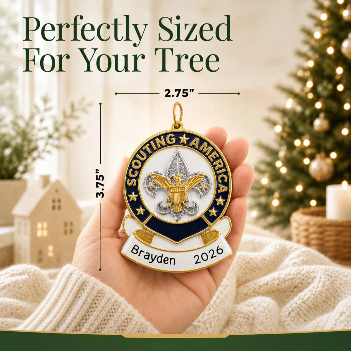 Size guide: the personalized Scouting America christmas ornament is 2.75 in wide by 3.75 in tall, shown in hand